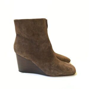Vince Andy Suede Wedge Ankle Booties Boots Womens 37 7 Brown Square Toe Side Zip